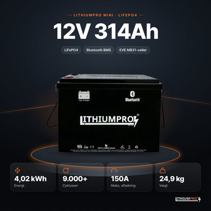 LithiumPro MINI 12V 314Ah LiFePO4-batteri – 4,02 kWh, 9.000+ cyklusser, 150A og 24,9 kg