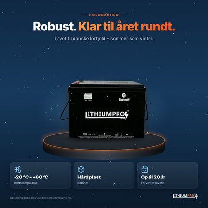 LithiumPro MINI 12V 314Ah – robust kabinet i hård plast, driftstemperatur -20 °C til +60 °C