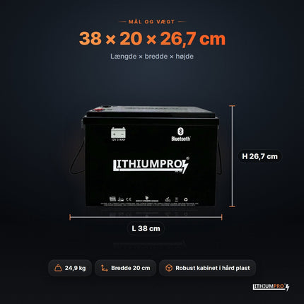 LithiumPro MINI 12V 314Ah – mål 38 × 20 × 26,7 cm og vægt 24,9 kg
