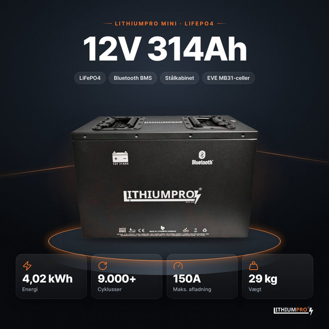 LithiumPro MINI 12V 314Ah stål LiFePO4-batteri – 4,02 kWh, 9.000+ cyklusser, 150A og 29 kg