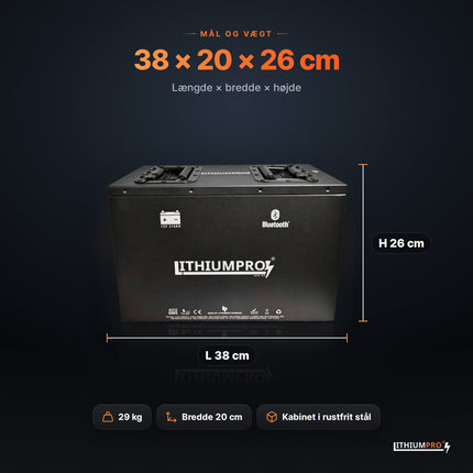 LithiumPro MINI 12V 314Ah stål – mål 38 × 20 × 26 cm og vægt 29 kg