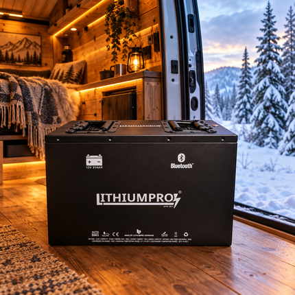 LithiumPro MINI stål 12V 314Ah LiFePO4-batteri i en camper van om vinteren
