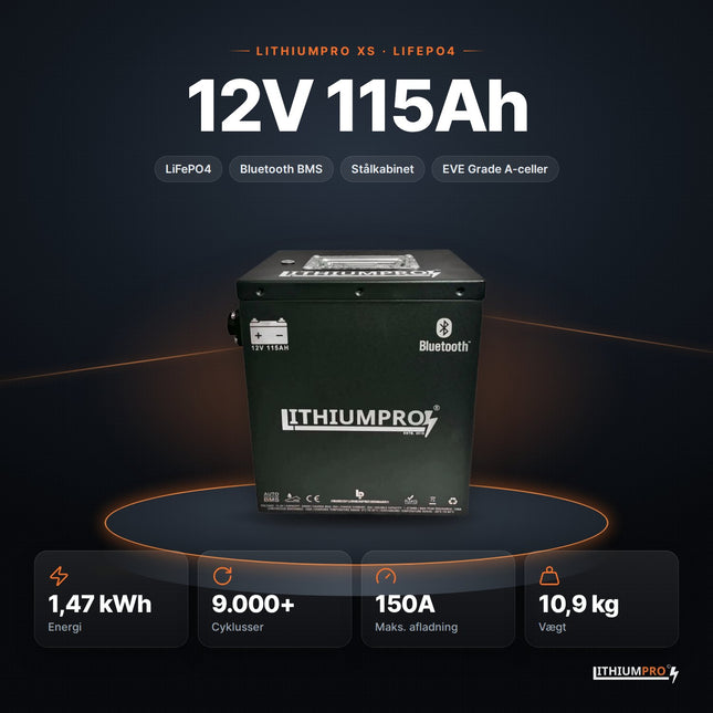LithiumPro XS 12V 115Ah stål LiFePO4-batteri – 1,47 kWh, 9.000+ cyklusser, 150A og 10,9 kg