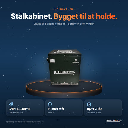 LithiumPro XS 12V 115Ah stål – kabinet i rustfrit stål, driftstemperatur -20 °C til +60 °C