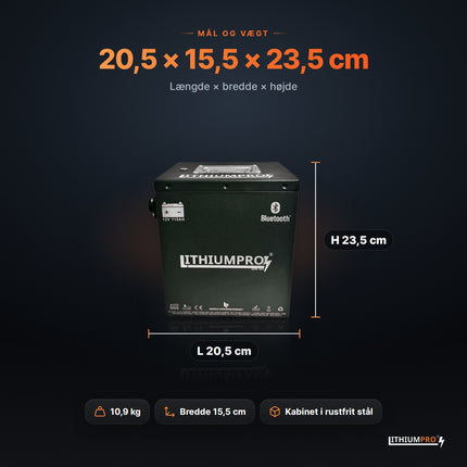LithiumPro XS 12V 115Ah stål – mål 20,5 × 15,5 × 23,5 cm og vægt 10,9 kg